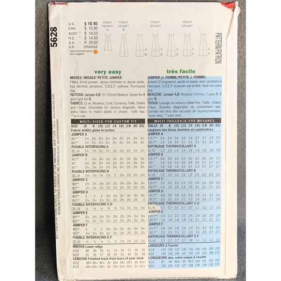 Butterick Misses Dress Jumper Sewing Pattern sz 6-10 5628 - uncut - Picture 3 of 3